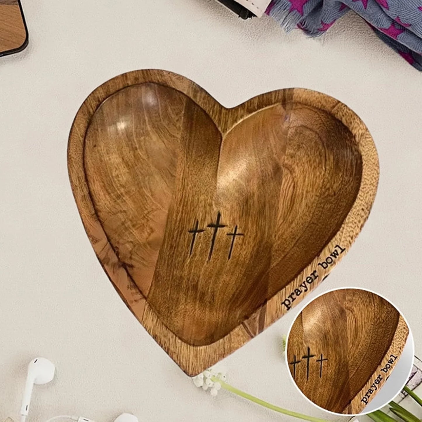 Wooden Heart Prayer Bowl 9.06" Heart Religious Wood Decorative Bowl, Set of 13 Bowl with 12 prayer cards.