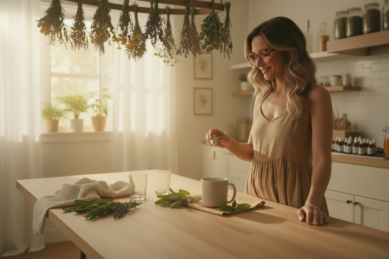 A woman in a V-neck floral tan beige dress stands in a bright, sunlit kitchen, holding a small glass container over a wooden table with herbs, a mug, and glasses. Dried herbs hang from a rod above the window. layered medium length Brown hair with blond highlights. thick modern large tortoise shell color glasses. 