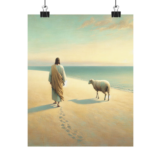 Jesus with Sheep Beach Poster — Inspirational Christian Wall Art