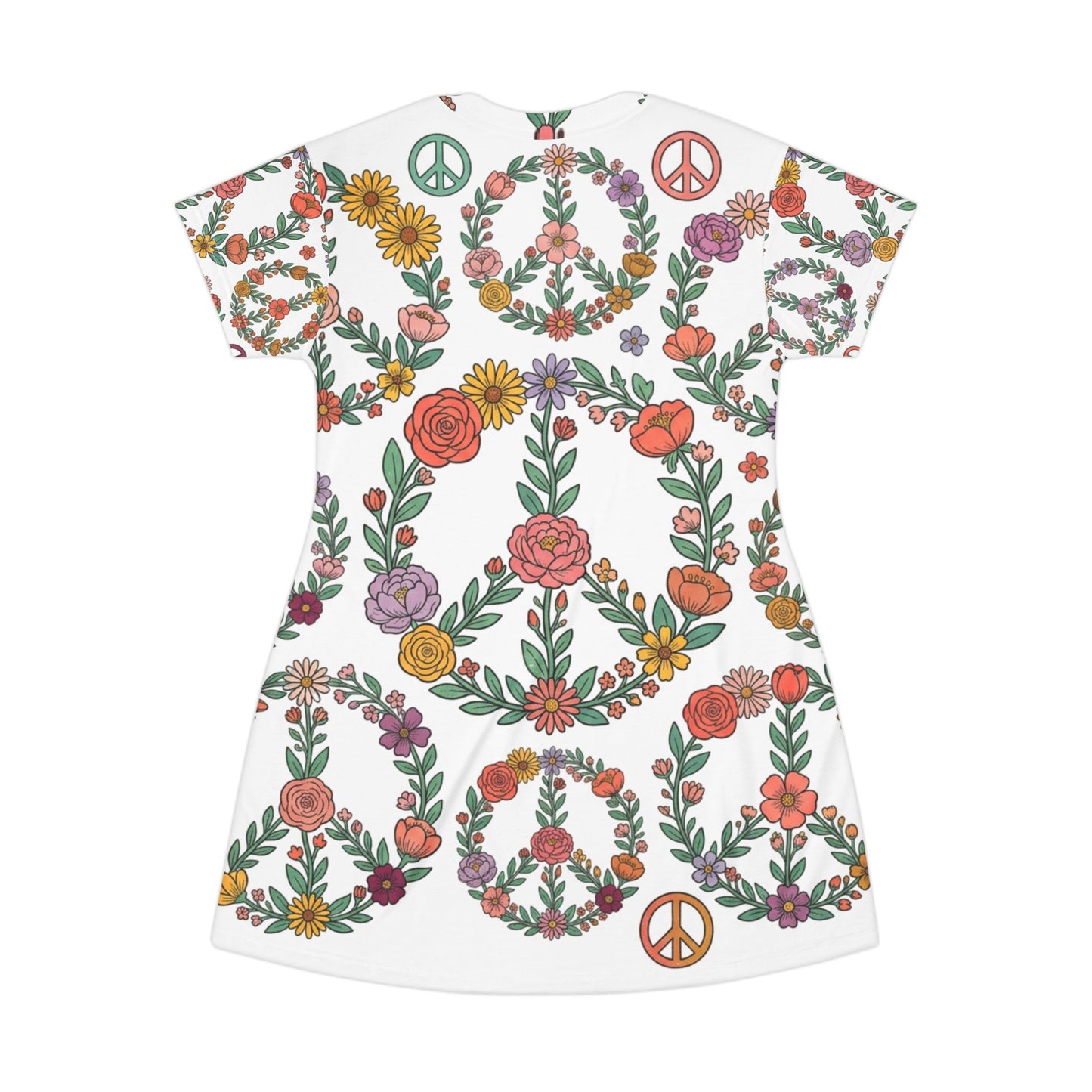 Boho Hippie Girl T-Shirt Dress — Floral Peace Sign All-Over Print Summer Dress