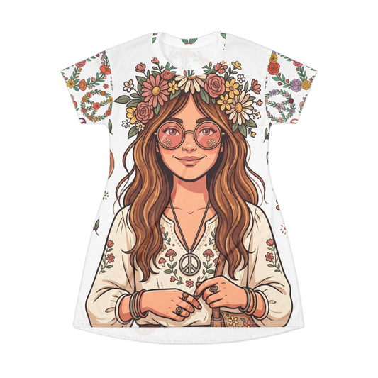 Boho Hippie Girl T-Shirt Dress — Floral Peace Sign All-Over Print Summer Dress