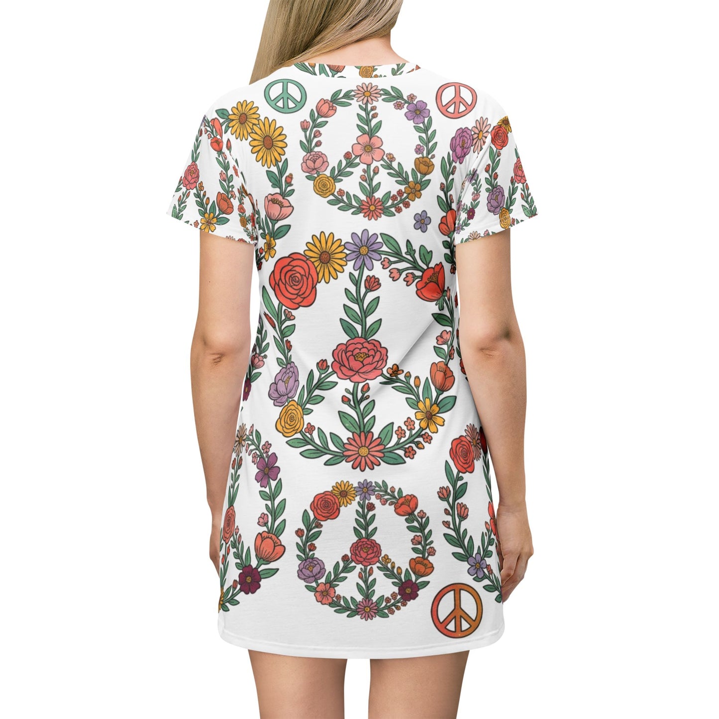 Boho Hippie Girl T-Shirt Dress — Floral Peace Sign All-Over Print Summer Dress