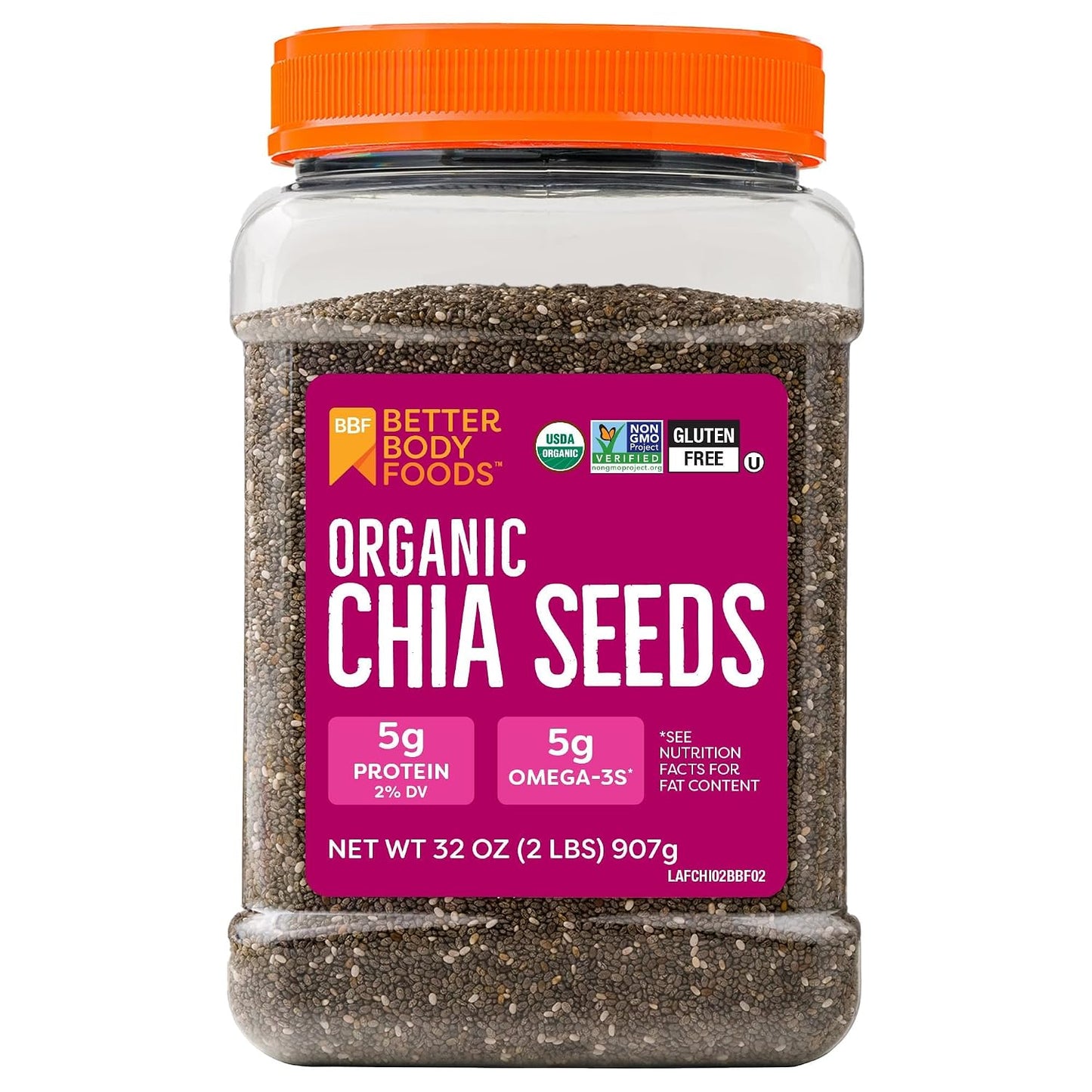 Organic Chia Seeds 2 lbs, 32 Oz, with Omega-3, Non-GMO, Gluten Free, Keto Diet Friendly, Vegan, Good Source of Fiber
