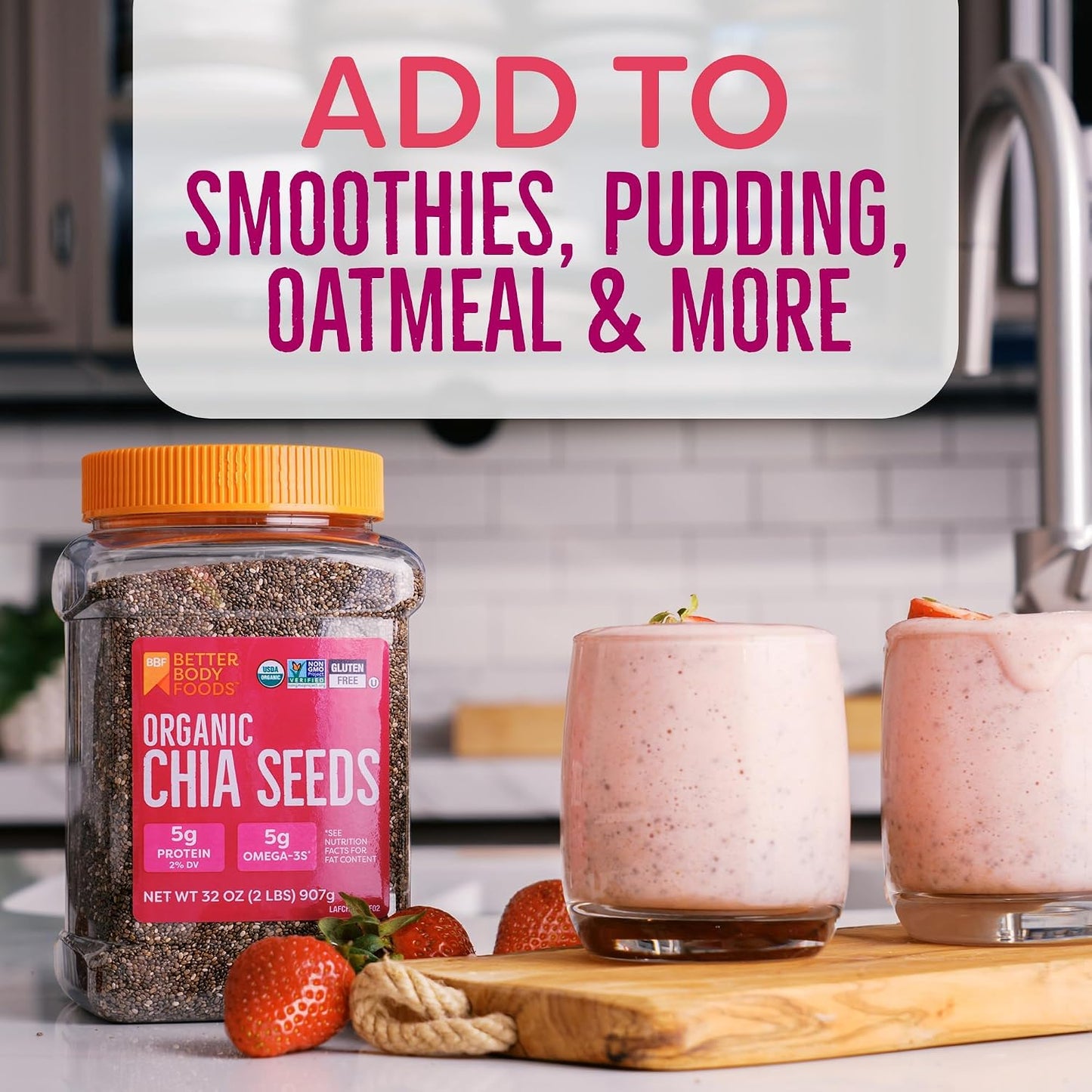Organic Chia Seeds 2 lbs, 32 Oz, with Omega-3, Non-GMO, Gluten Free, Keto Diet Friendly, Vegan, Good Source of Fiber