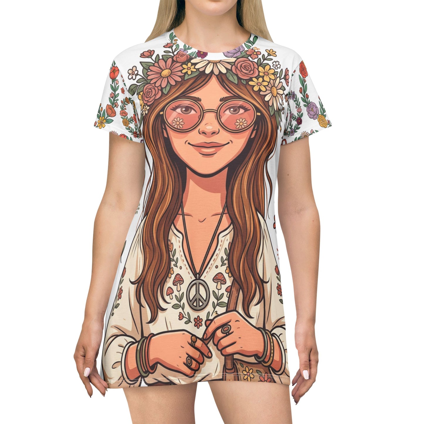 Boho Hippie Girl T-Shirt Dress — Floral Peace Sign All-Over Print Summer Dress