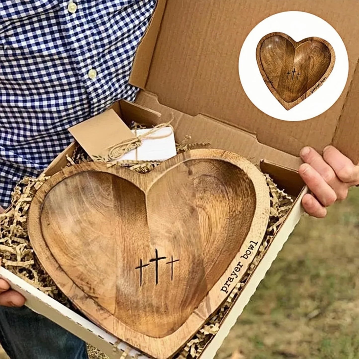 Wooden Heart Prayer Bowl 9.06" Heart Religious Wood Decorative Bowl, Set of 13 Bowl with 12 prayer cards.